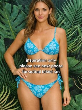 NWT Hurley Teal Bikini Set Flower Print Adjustable Top Side Tie Bottom, Sz Large